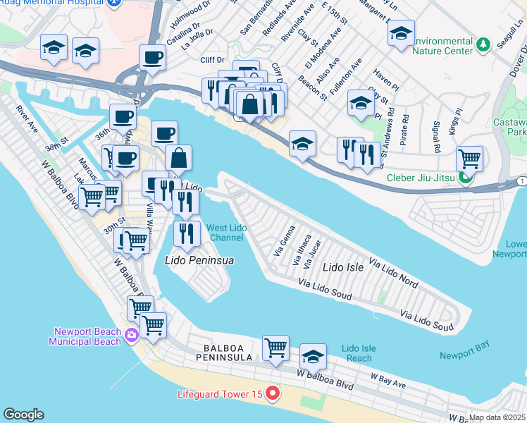 map of restaurants, bars, coffee shops, grocery stores, and more near 211 Via Dijon in Newport Beach