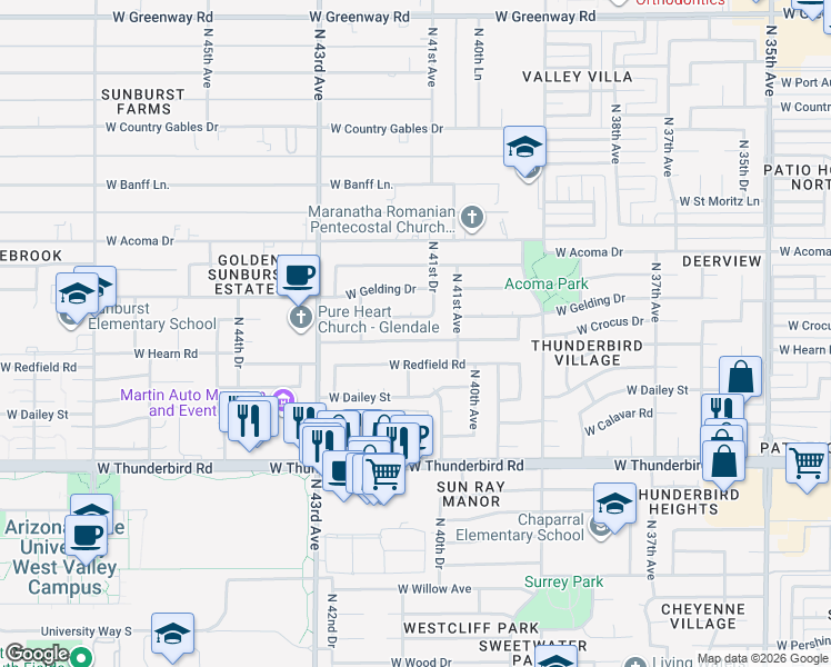 map of restaurants, bars, coffee shops, grocery stores, and more near 4136 West Hearn Road in Phoenix