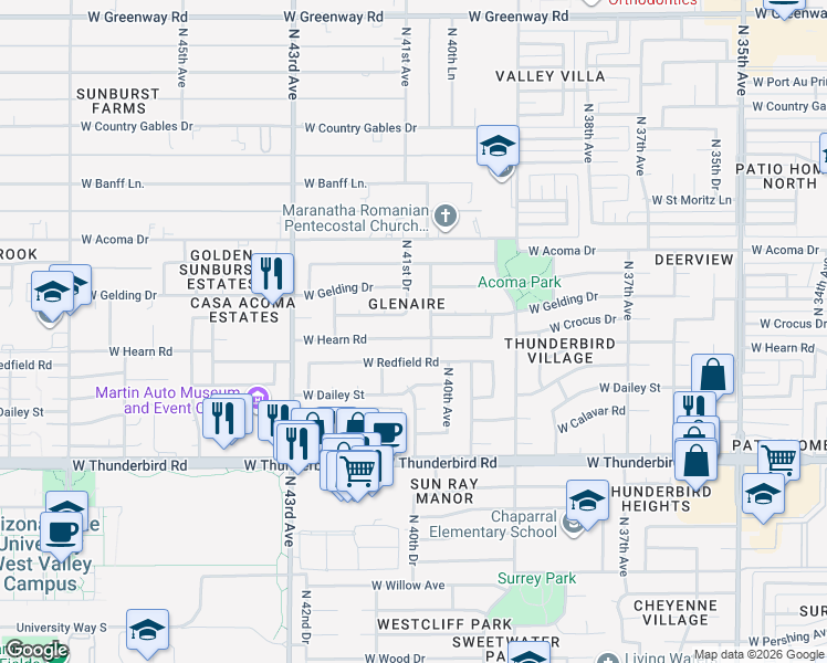 map of restaurants, bars, coffee shops, grocery stores, and more near 4102 West Hearn Road in Phoenix