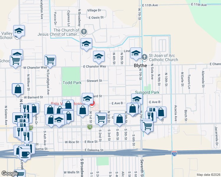 map of restaurants, bars, coffee shops, grocery stores, and more near 338 North 3rd Street in Blythe