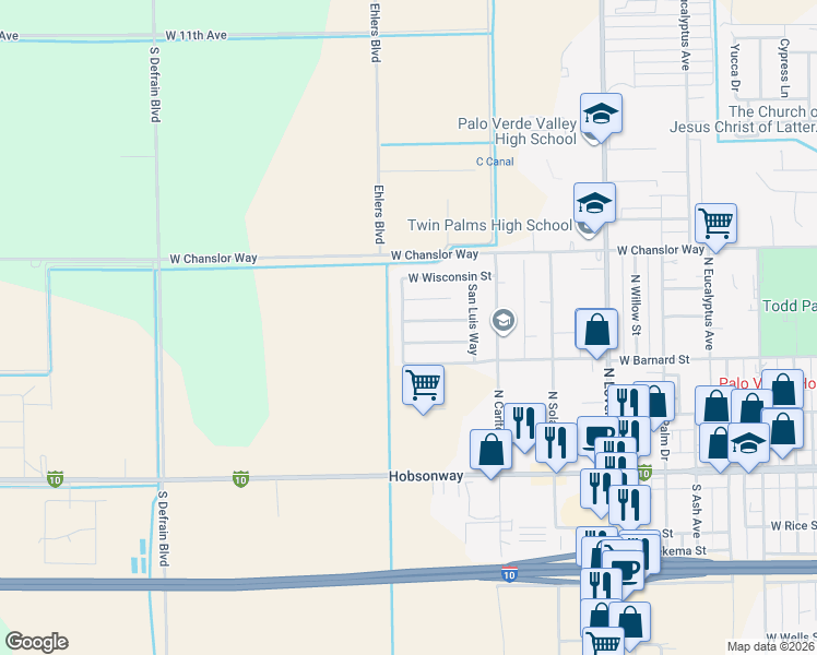map of restaurants, bars, coffee shops, grocery stores, and more near 1390 West Michigan Avenue in Blythe