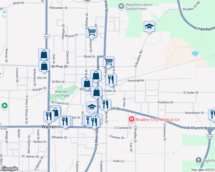 map of restaurants, bars, coffee shops, grocery stores, and more near 110 Myrtle Street in Warren