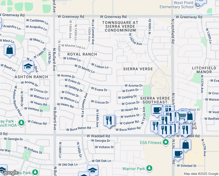 map of restaurants, bars, coffee shops, grocery stores, and more near 14425 North 143rd Drive in Surprise