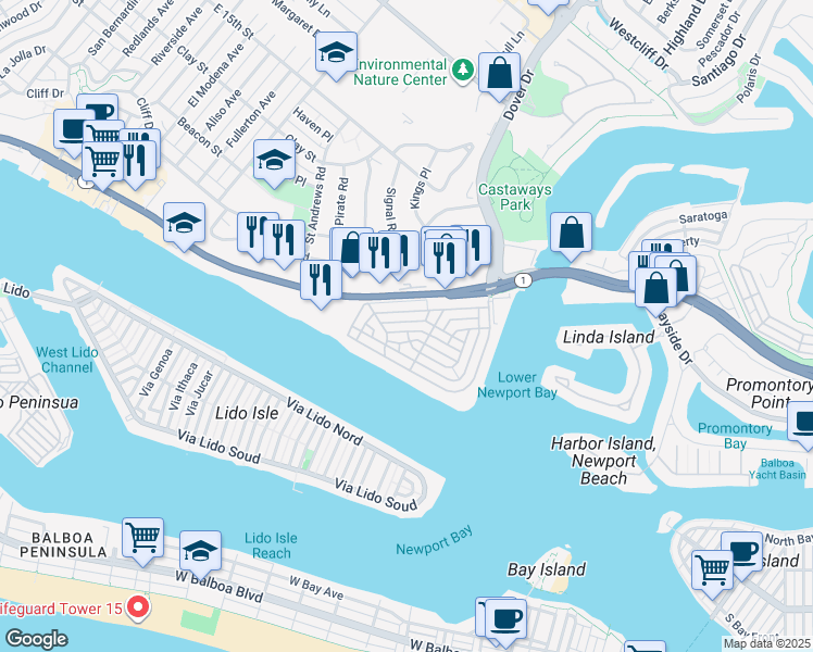 map of restaurants, bars, coffee shops, grocery stores, and more near 2525 Vista Drive in Newport Beach