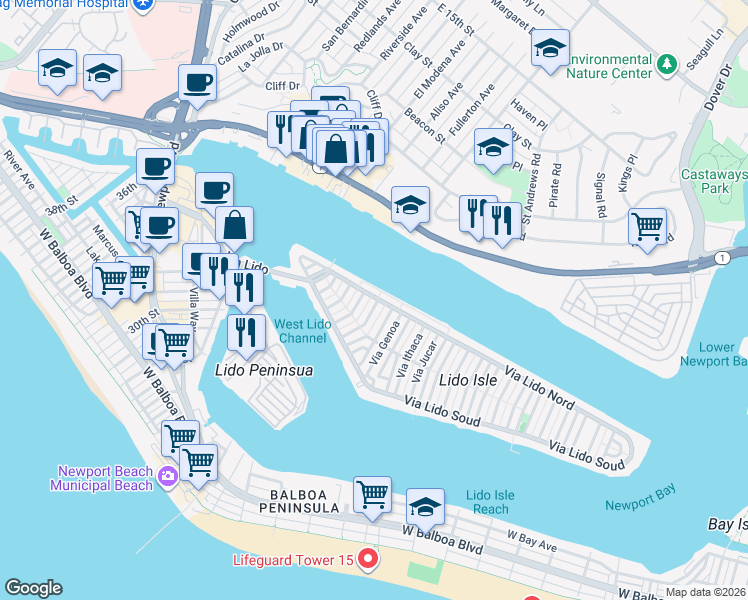 map of restaurants, bars, coffee shops, grocery stores, and more near 317 Via Lido Nord in Newport Beach