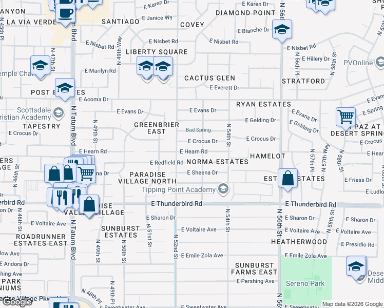 map of restaurants, bars, coffee shops, grocery stores, and more near 5233 East Hearn Road in Scottsdale