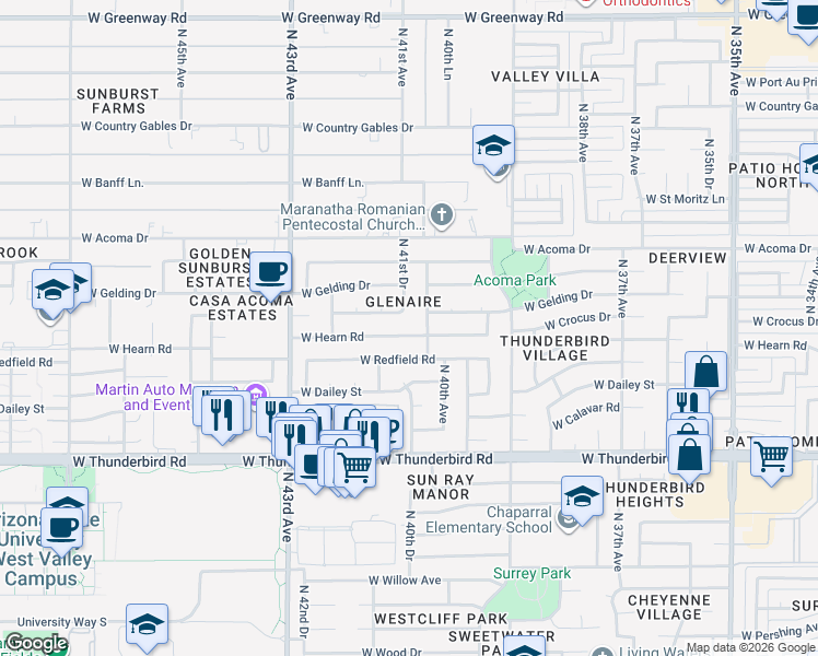map of restaurants, bars, coffee shops, grocery stores, and more near 4102 West Hearn Road in Phoenix