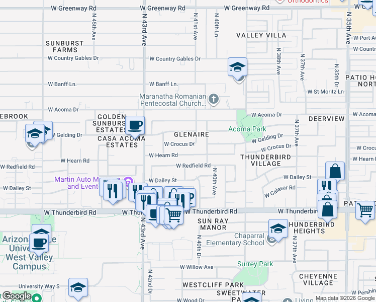 map of restaurants, bars, coffee shops, grocery stores, and more near 4136 West Hearn Road in Phoenix