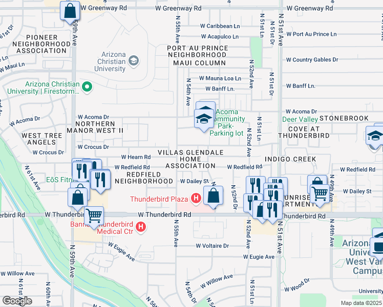 map of restaurants, bars, coffee shops, grocery stores, and more near 5419 West Sheena Drive in Glendale
