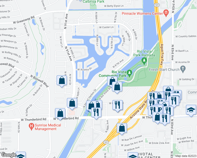 map of restaurants, bars, coffee shops, grocery stores, and more near 13840 North Desert Harbor Drive in Peoria