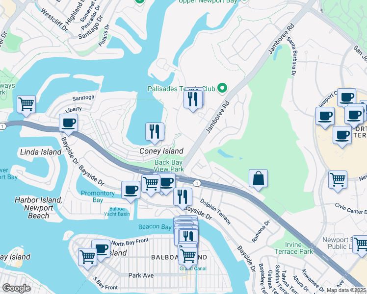 map of restaurants, bars, coffee shops, grocery stores, and more near 1121 Back Bay Drive in Newport Beach