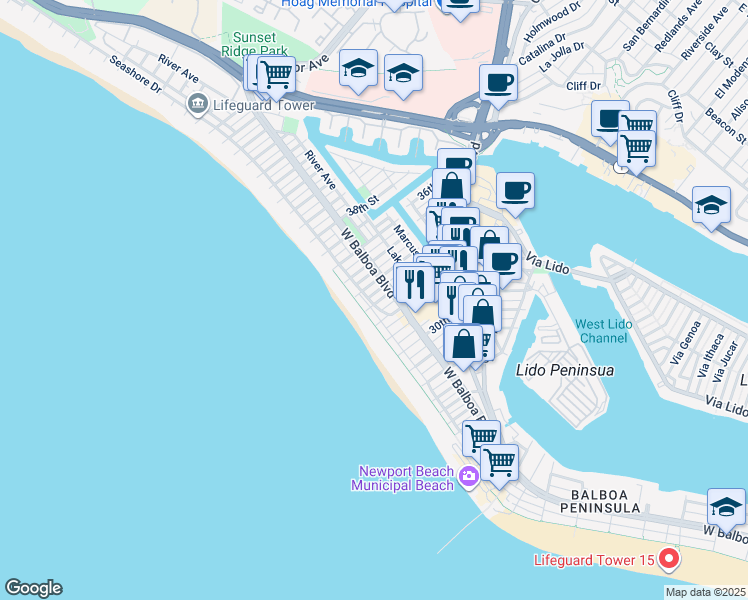 map of restaurants, bars, coffee shops, grocery stores, and more near 3312 West Oceanfront in Newport Beach