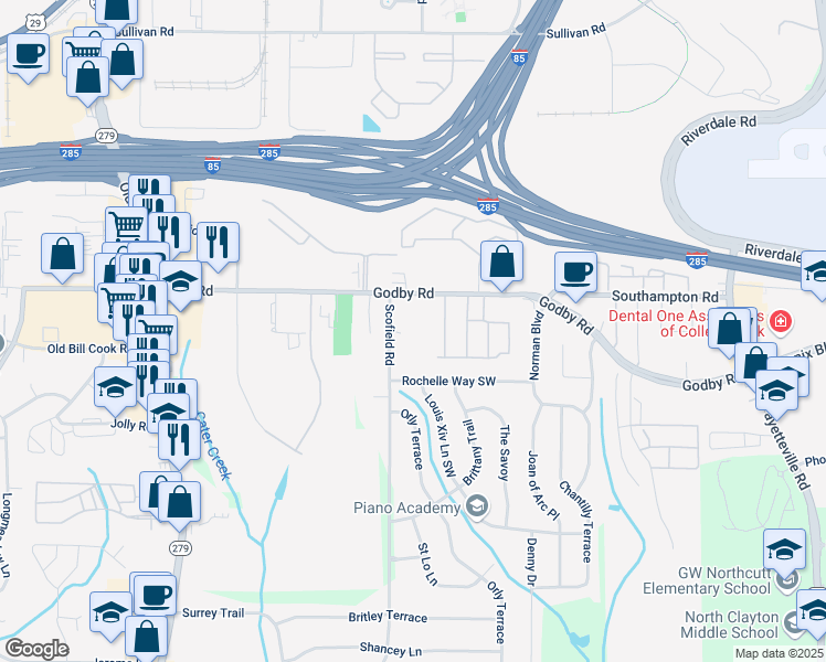 map of restaurants, bars, coffee shops, grocery stores, and more near 5150 Scofield Road in College Park