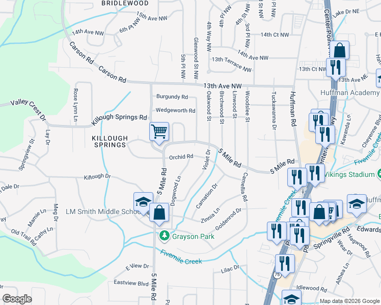 map of restaurants, bars, coffee shops, grocery stores, and more near 432 Orchid Road in Birmingham