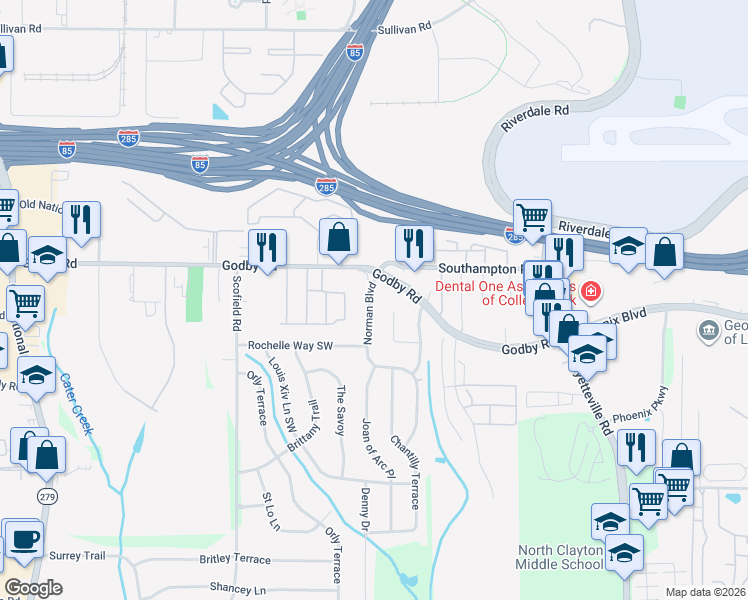 map of restaurants, bars, coffee shops, grocery stores, and more near 5142 Norman Boulevard in Atlanta