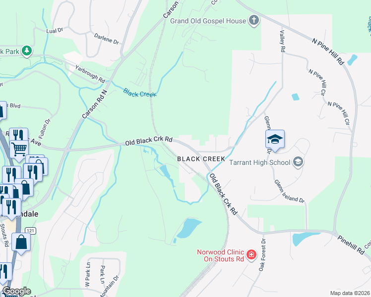map of restaurants, bars, coffee shops, grocery stores, and more near 504 Black Creek Road in Birmingham