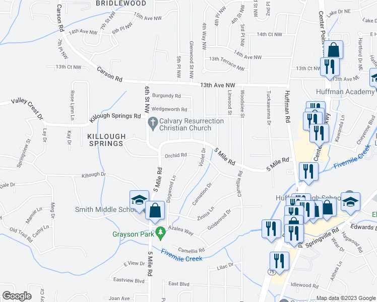map of restaurants, bars, coffee shops, grocery stores, and more near 432 Orchid Road in Birmingham