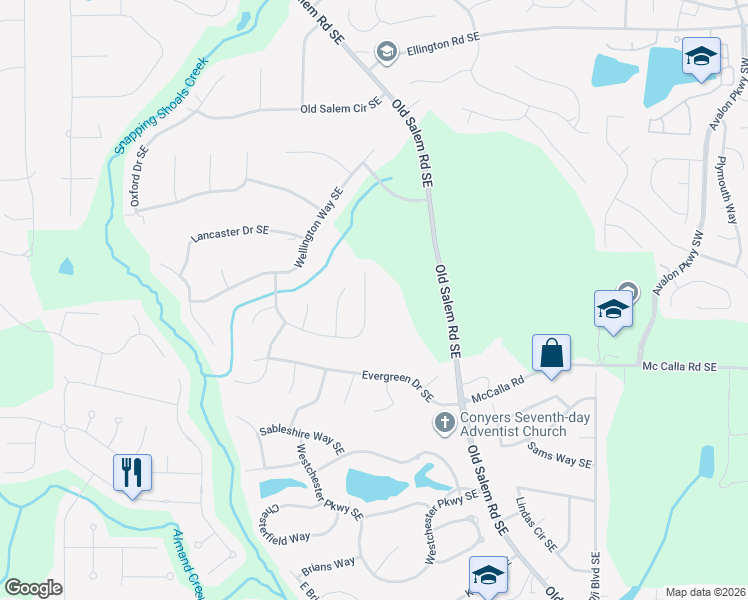 map of restaurants, bars, coffee shops, grocery stores, and more near 2855 Old Salem Road Southeast in Conyers