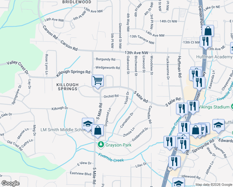 map of restaurants, bars, coffee shops, grocery stores, and more near 432 Orchid Road in Birmingham
