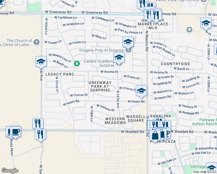 map of restaurants, bars, coffee shops, grocery stores, and more near 15753 West Gelding Drive in Surprise
