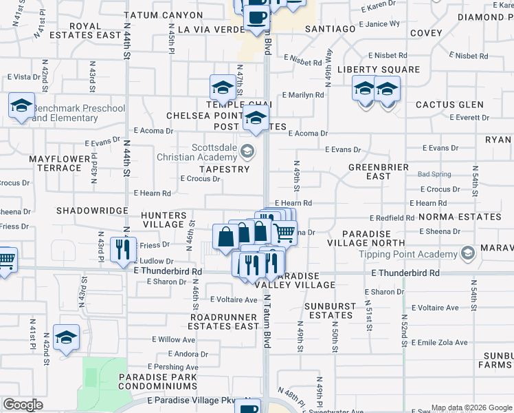 map of restaurants, bars, coffee shops, grocery stores, and more near 4754 East Redfield Road in Phoenix