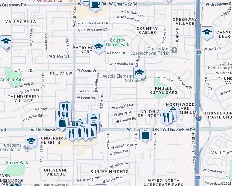 map of restaurants, bars, coffee shops, grocery stores, and more near 3217 West Crocus Drive in Phoenix