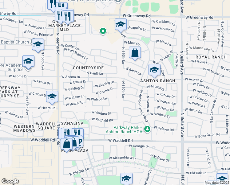 map of restaurants, bars, coffee shops, grocery stores, and more near 14362 North 151st Drive in Surprise
