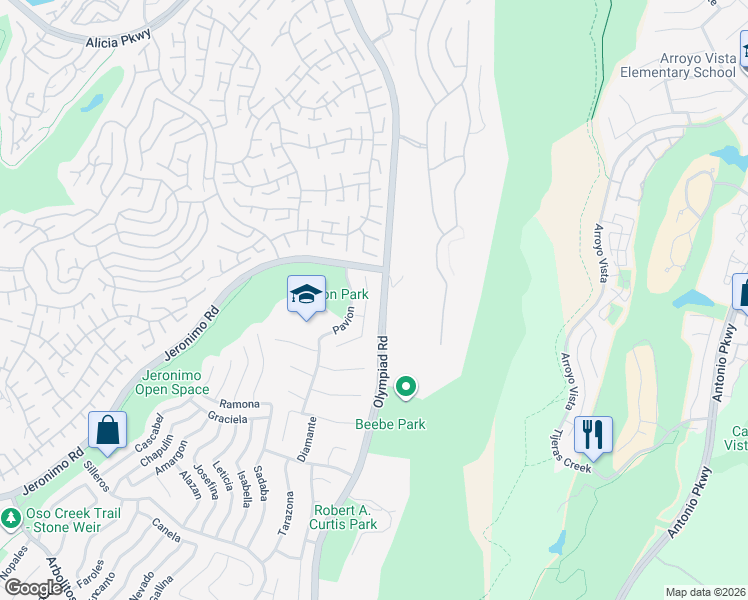 map of restaurants, bars, coffee shops, grocery stores, and more near 24082 Zancon in Mission Viejo