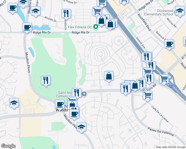 map of restaurants, bars, coffee shops, grocery stores, and more near 2340 Via Mariposa West in Laguna Woods