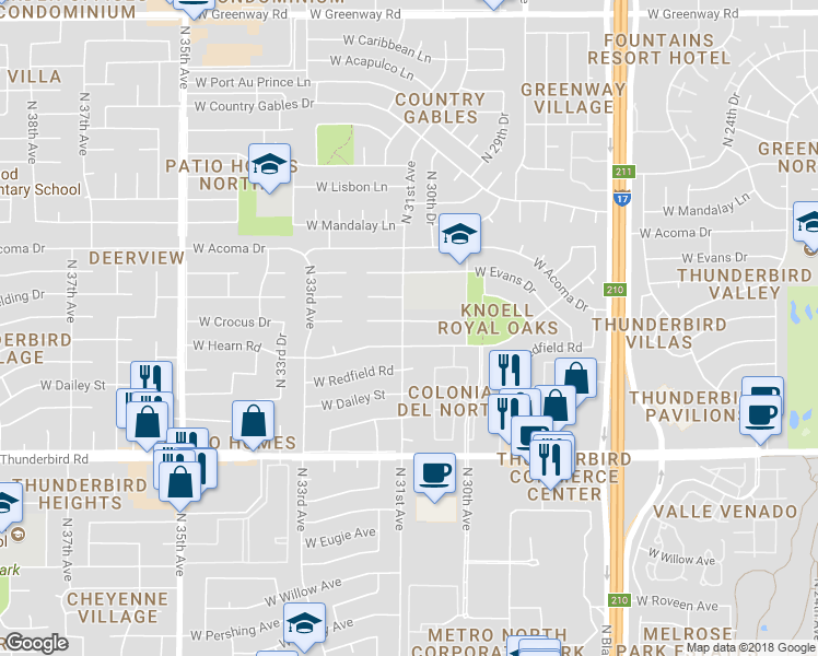 map of restaurants, bars, coffee shops, grocery stores, and more near 3053 West Crocus Drive in Phoenix