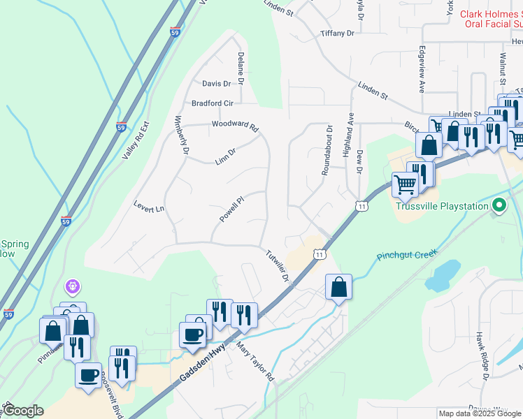 map of restaurants, bars, coffee shops, grocery stores, and more near 120 Woodward Road in Trussville