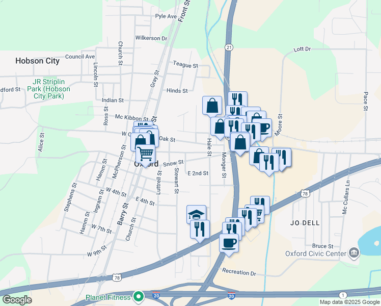 map of restaurants, bars, coffee shops, grocery stores, and more near 300 Choccolocco Street in Oxford