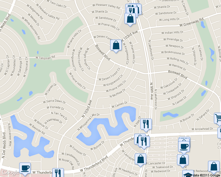 map of restaurants, bars, coffee shops, grocery stores, and more near 9919 West Prairie Hills Circle in Sun City