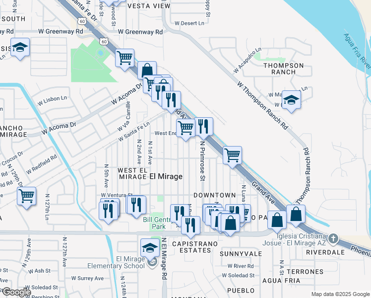 map of restaurants, bars, coffee shops, grocery stores, and more near 14414 North Palm Street in El Mirage