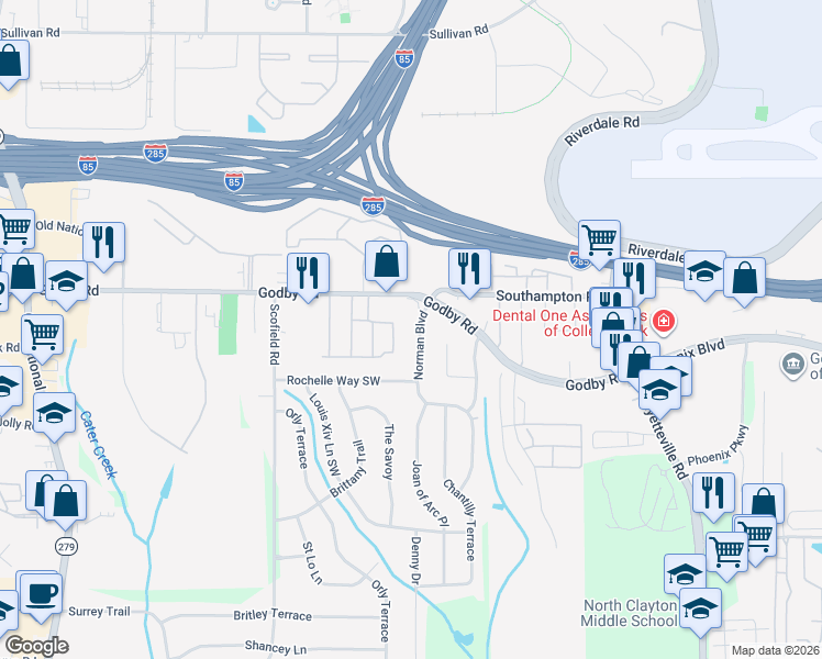 map of restaurants, bars, coffee shops, grocery stores, and more near 5142 Norman Boulevard in Atlanta