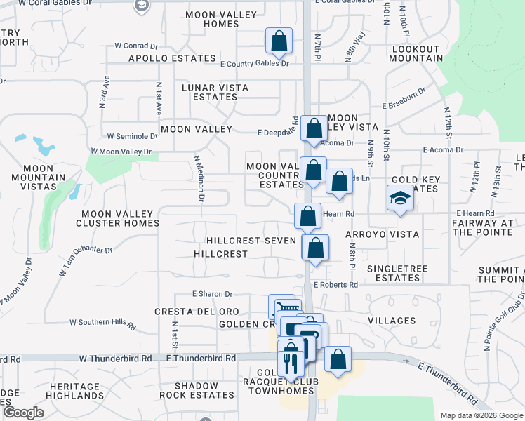 map of restaurants, bars, coffee shops, grocery stores, and more near 531 East Canterbury Drive in Phoenix