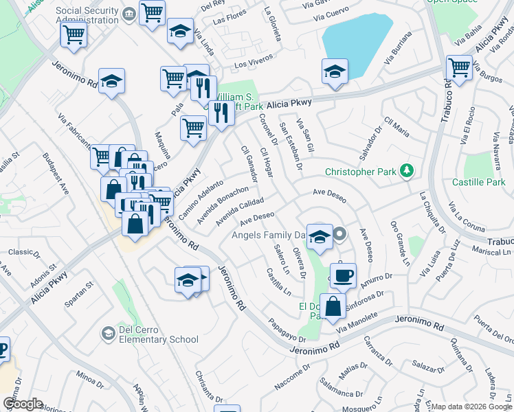 map of restaurants, bars, coffee shops, grocery stores, and more near 26242 Avenida Calidad in Mission Viejo