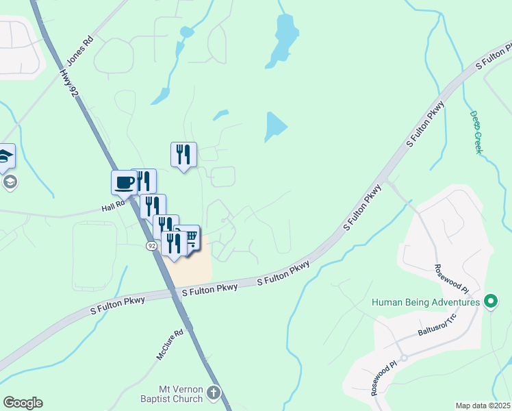 map of restaurants, bars, coffee shops, grocery stores, and more near 147 Park Lane in Fairburn