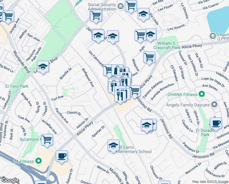 map of restaurants, bars, coffee shops, grocery stores, and more near 24010 Vía Fabricante in Mission Viejo