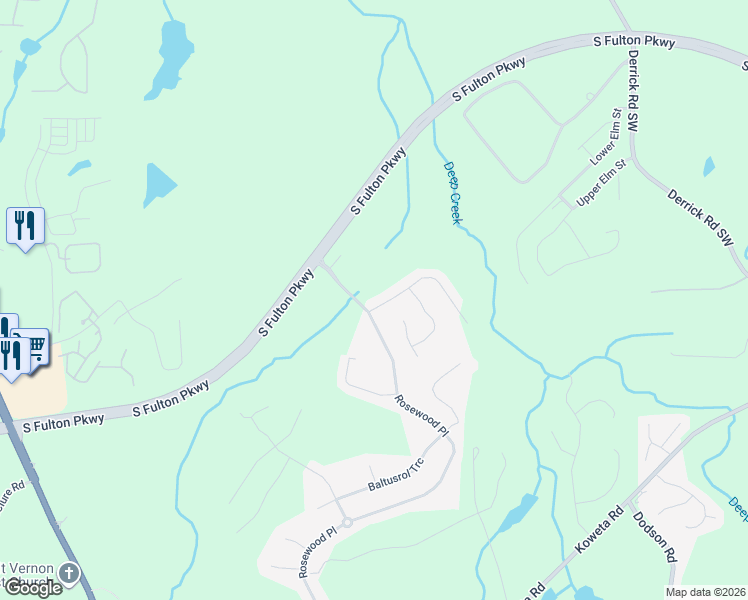 map of restaurants, bars, coffee shops, grocery stores, and more near 6504 Muirfield Point in Fairburn