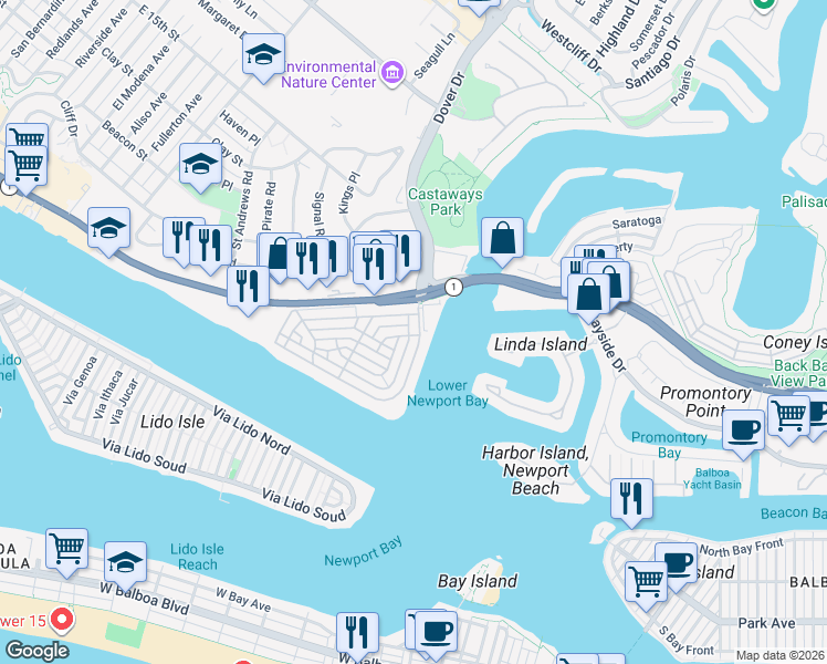 map of restaurants, bars, coffee shops, grocery stores, and more near 2831 Bayshore Drive in Newport Beach