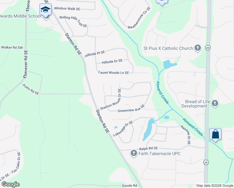 map of restaurants, bars, coffee shops, grocery stores, and more near 574 Almand Branch Road Southeast in Conyers