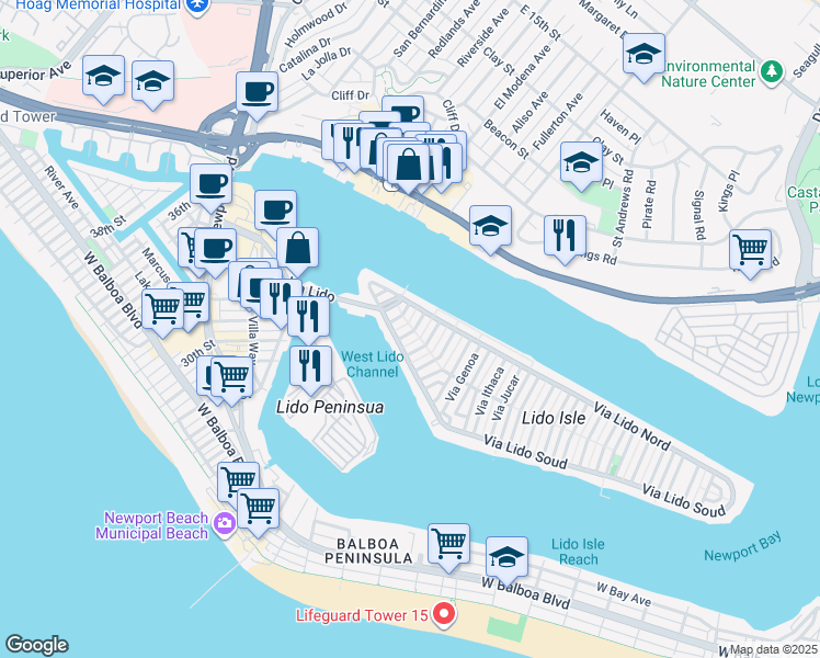 map of restaurants, bars, coffee shops, grocery stores, and more near 115 Via Cordova in Newport Beach