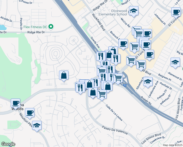 map of restaurants, bars, coffee shops, grocery stores, and more near 2086 Ronda Granada in Laguna Woods