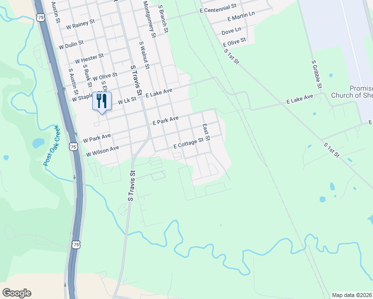 map of restaurants, bars, coffee shops, grocery stores, and more near 2107 South Montgomery Street in Sherman