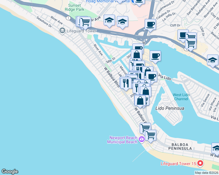 map of restaurants, bars, coffee shops, grocery stores, and more near 3312 West Oceanfront in Newport Beach