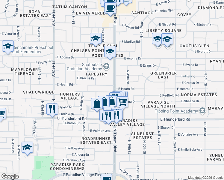 map of restaurants, bars, coffee shops, grocery stores, and more near 4754 East Redfield Road in Phoenix