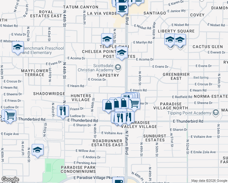 map of restaurants, bars, coffee shops, grocery stores, and more near 4720 East Redfield Road in Phoenix