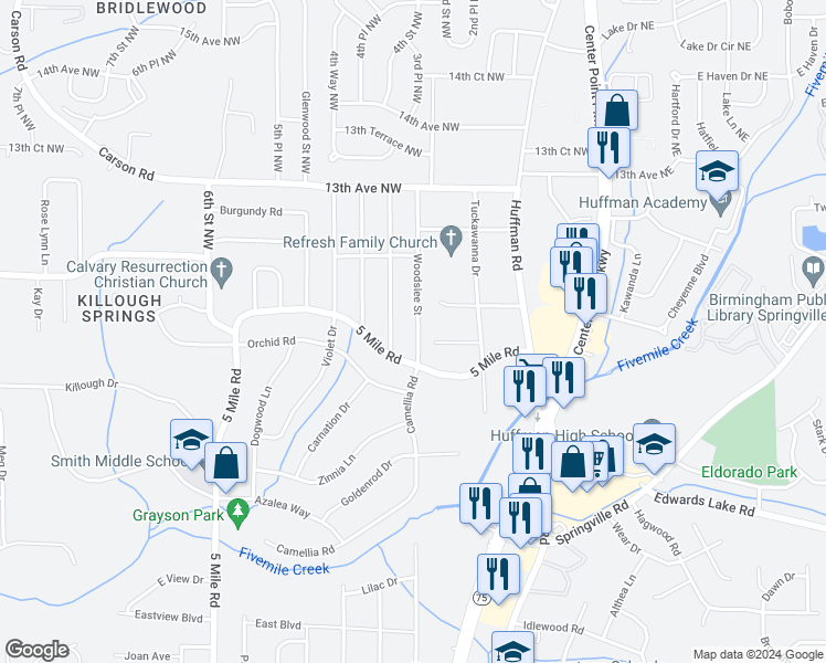 map of restaurants, bars, coffee shops, grocery stores, and more near 1112 Woodslee Street in Birmingham