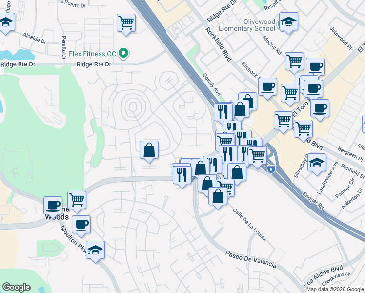 map of restaurants, bars, coffee shops, grocery stores, and more near 2046 Via Mariposa East in Laguna Woods